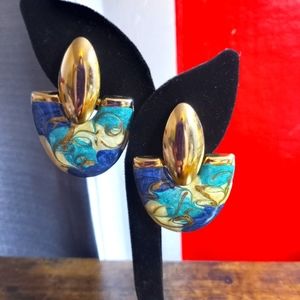 Vintage 80's Blue and Green Gold Toned Earrings